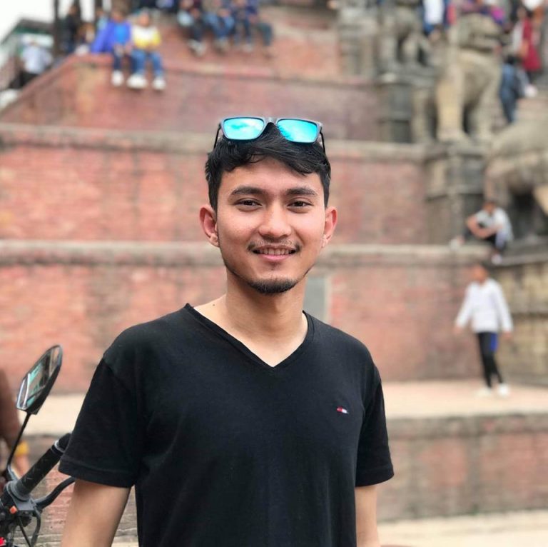 Wilson Shrestha in front of Nyatapola Temple, Bhaktapur