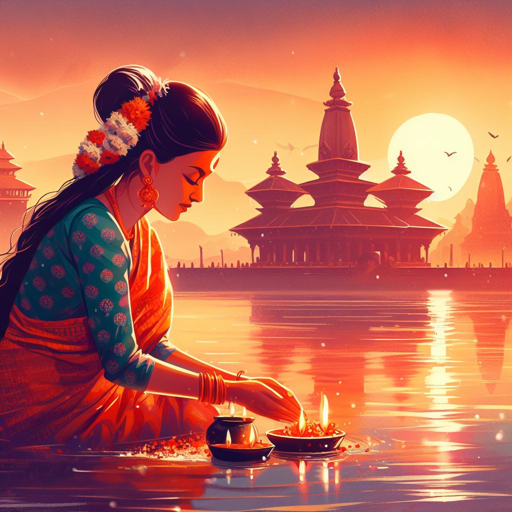 woman doing chhath puja in water before sunrise