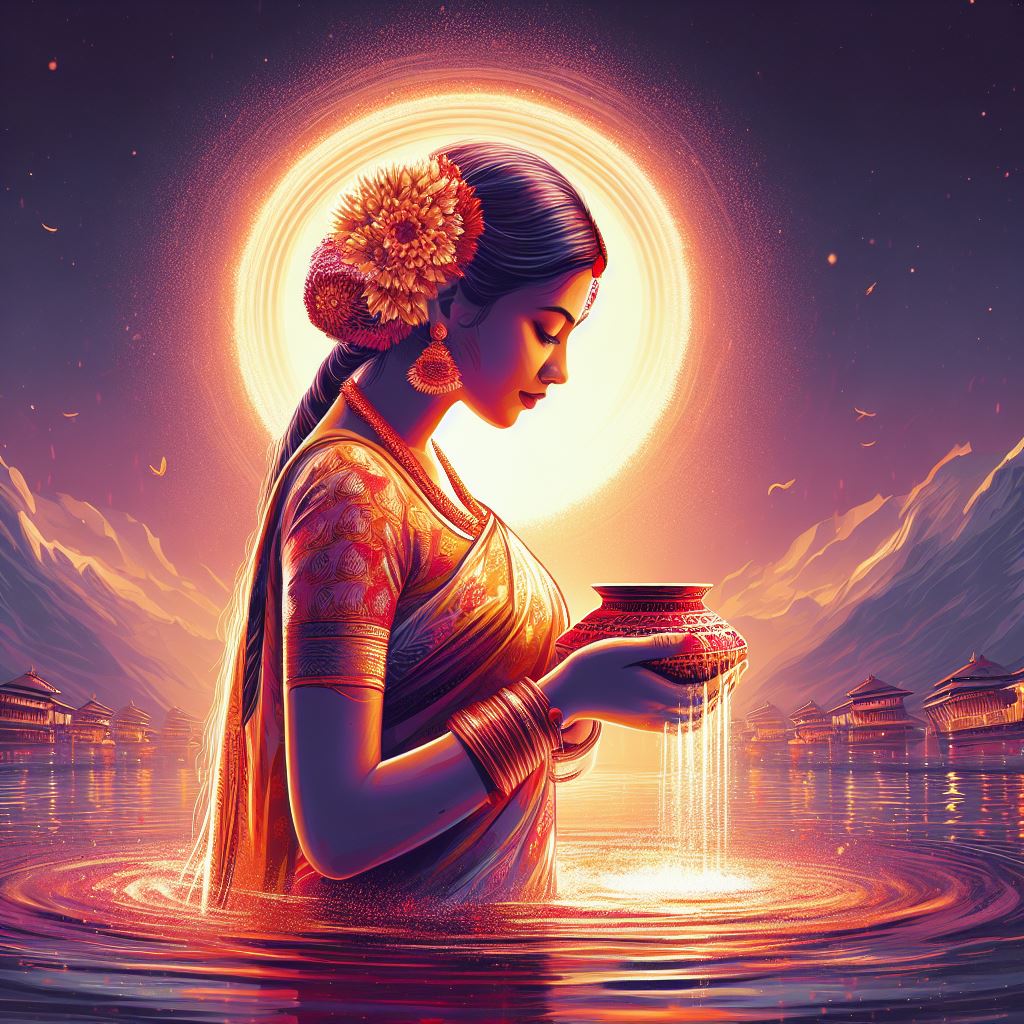 woman in water doing chhath puja rituals