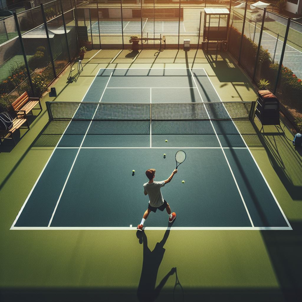 image of Beginner tennis player playing tennis in the trainning court