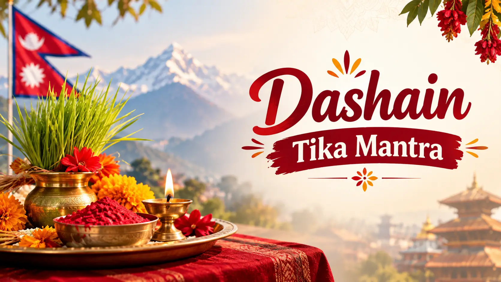 Dashain tika mantra 2083 – elders give red tika and jamara with a Sanskrit blessing on Vijaya Dashami