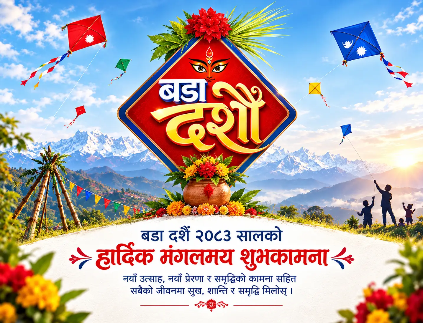 Bada Dashain greeting card design 2083 with red and gold traditional Nepali festival theme