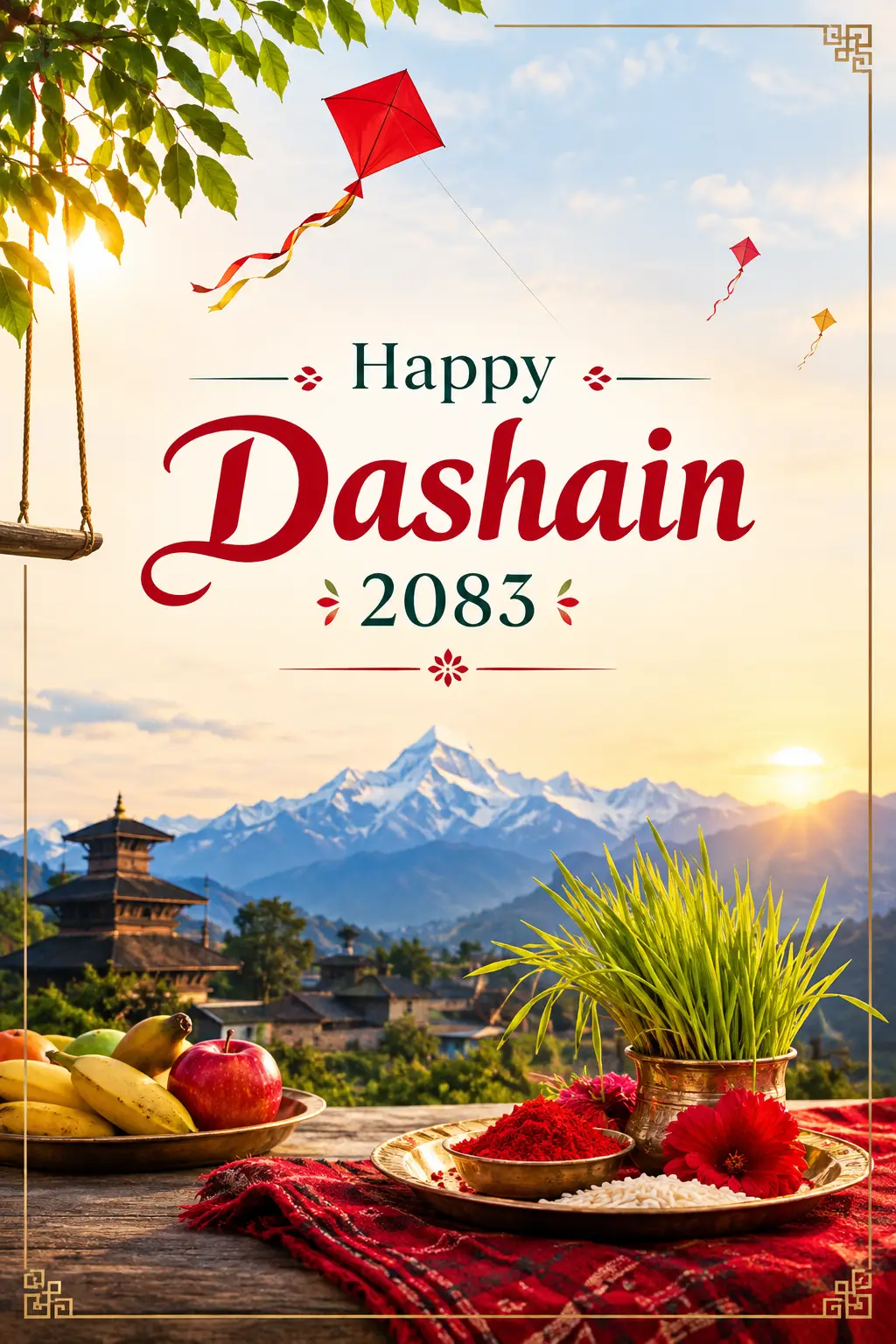 Dashain greeting card design 2083 free download in card paper size, print ready with Nepali shubhakamana text