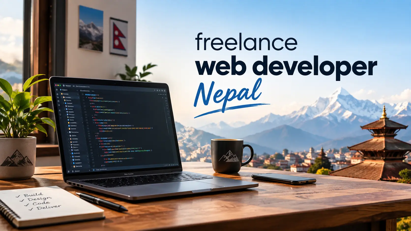 Freelance web developer in Nepal working on a laptop with code and a website design on screen