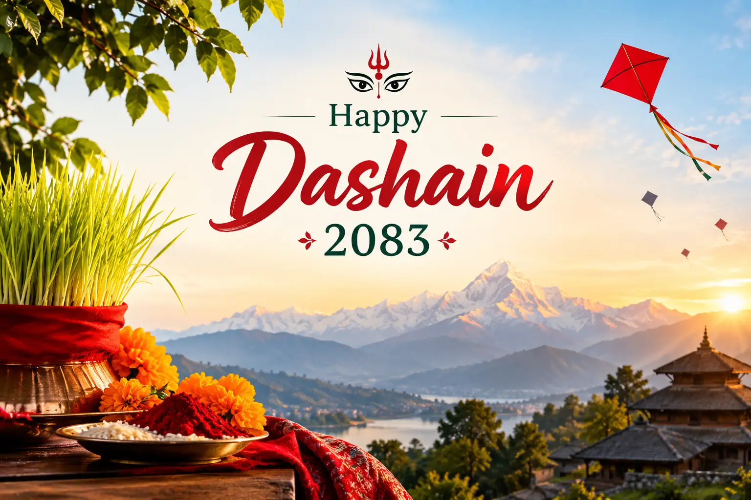 Happy Dashain 2083 greeting card design with Goddess Durga, jamara and kites — free HD download