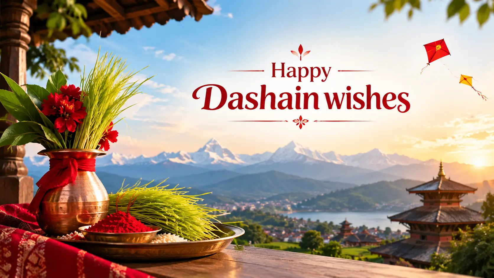 Happy Dashain wishes in Nepali language 2026 (2083) with red tika and green jamara