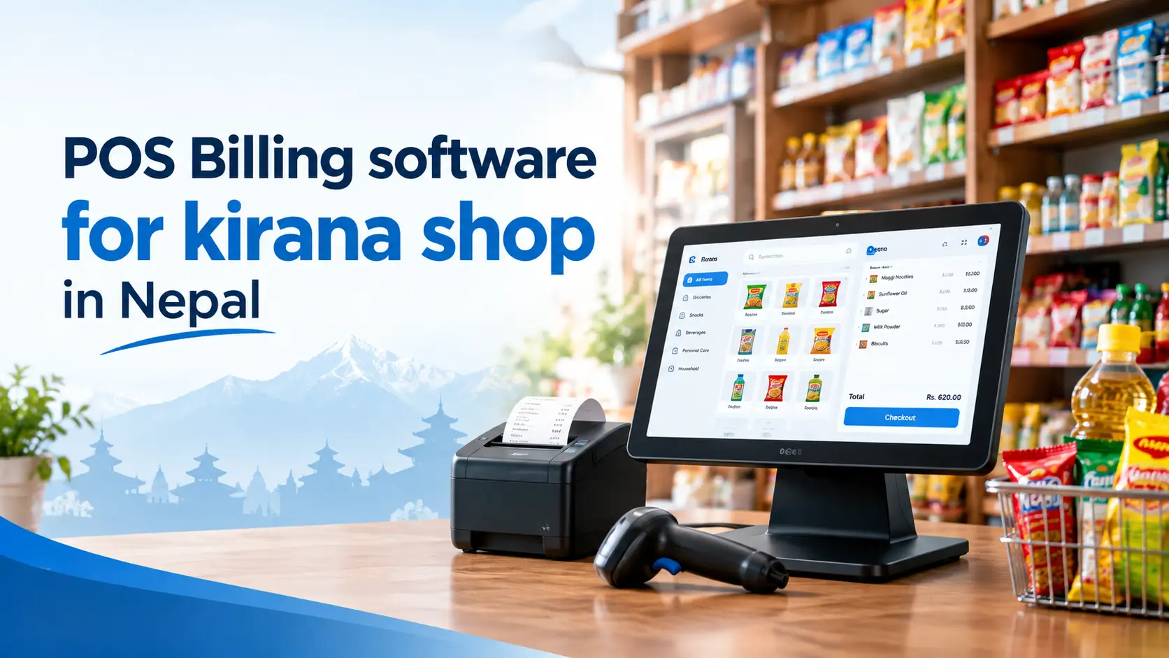 POS billing software for a kirana shop in Nepal running on a counter terminal with thermal printer and Fonepay QR