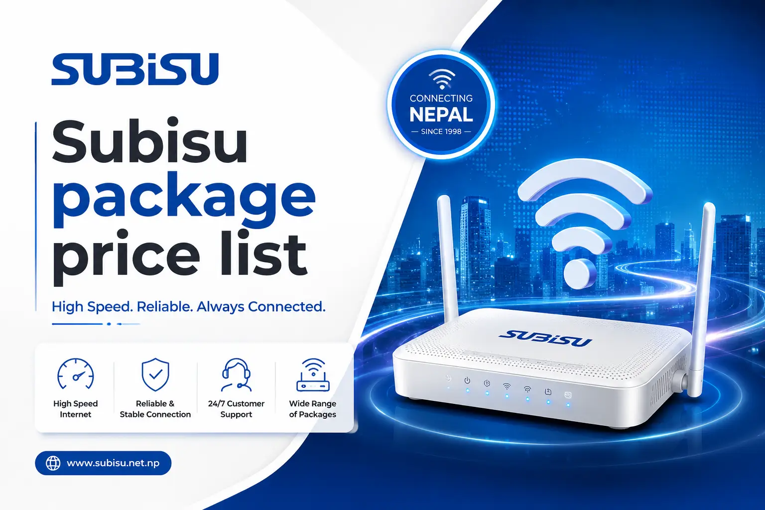 Subisu package price list 2026 showing Smart, Pro and Elite WiFi 6 prices