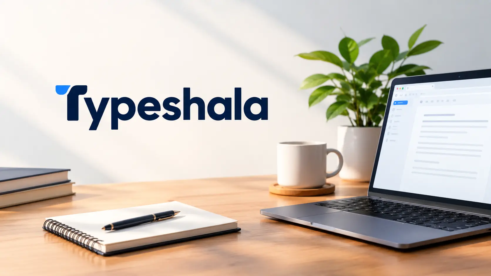 Typeshala Nepali typing software logo on a sunlit desk with books and a coffee mug