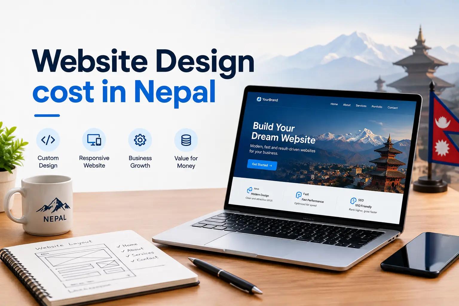 Website design cost in Nepal 2026 — price breakdown chart in NPR for business, e-commerce and custom websites