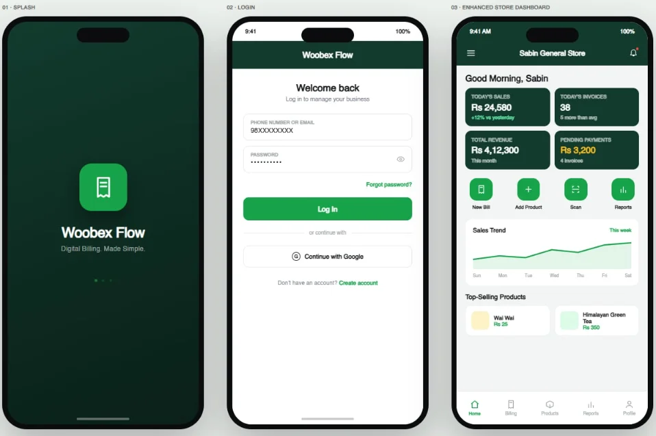 Woobex E-Billing mobile app: splash, login and store dashboard