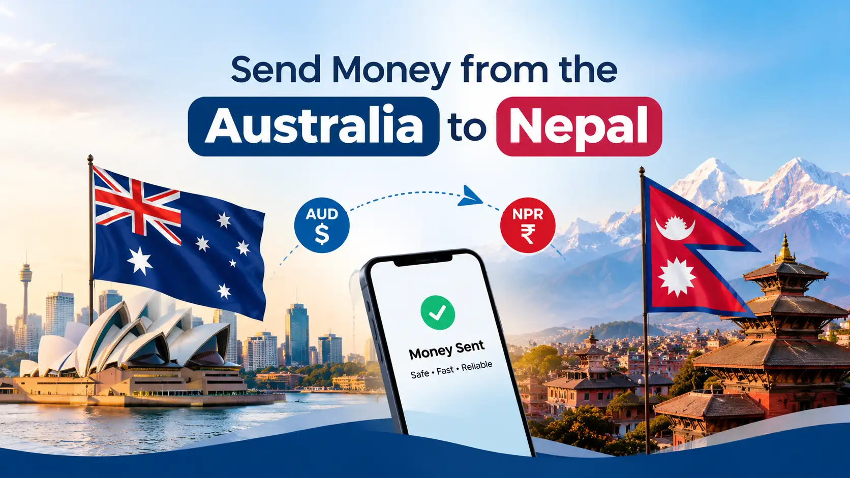 Australia and Nepal flags with a mobile money transfer app showing how to send money from Australia to Nepal