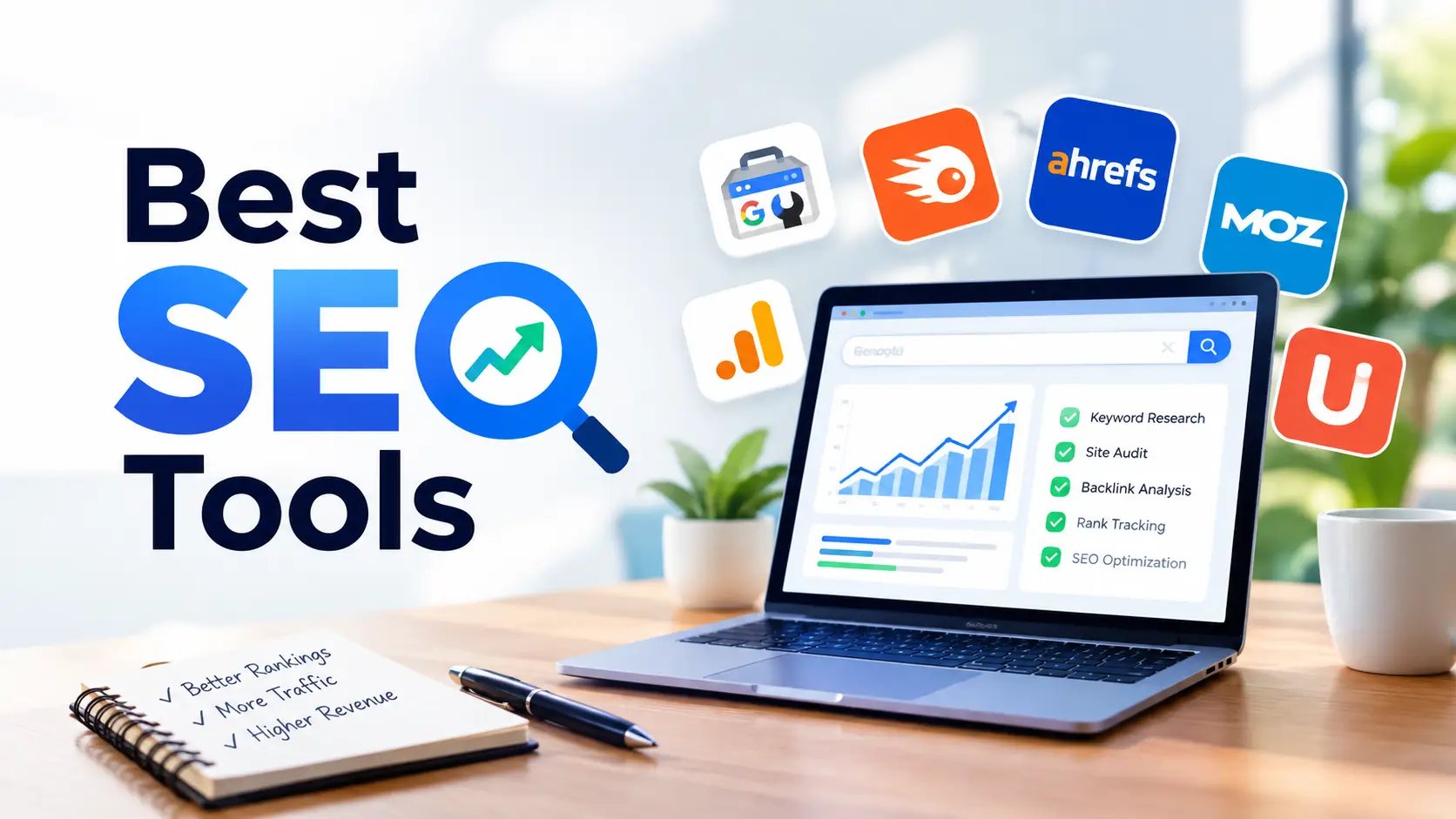 Best SEO tools icons and laptop with analytics graph Best SEO tools icons and laptop with analytics graph