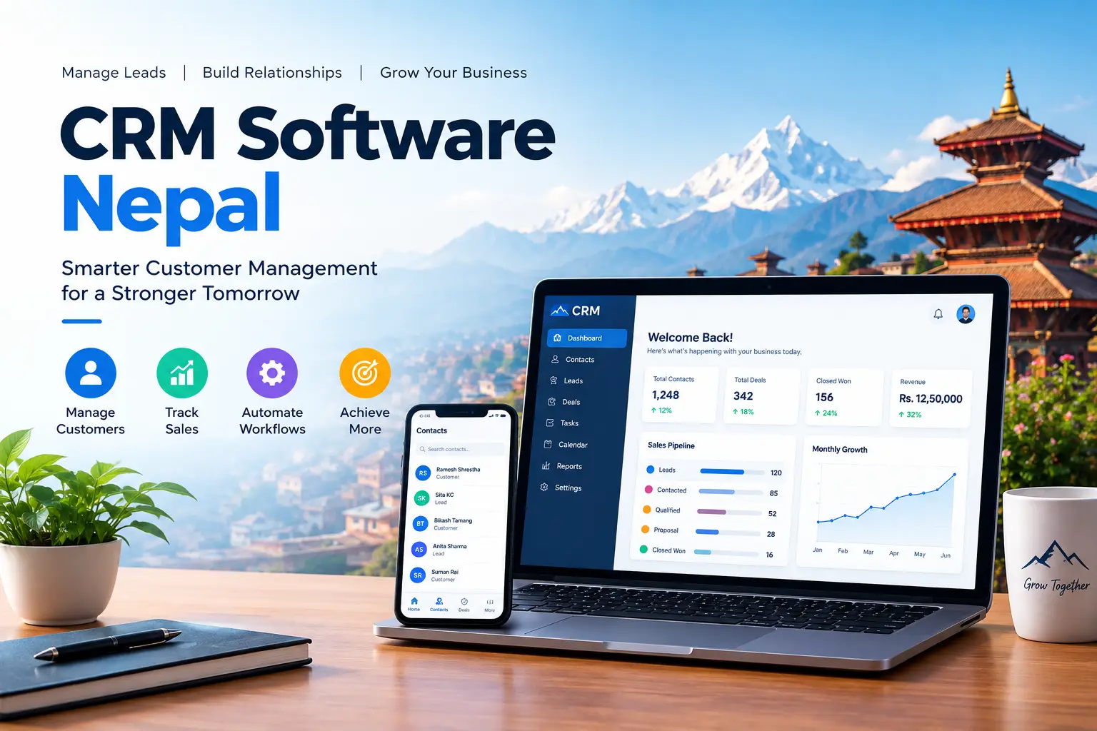 CRM software in Nepal – a Nepali sales team tracking leads and customers together on one dashboard