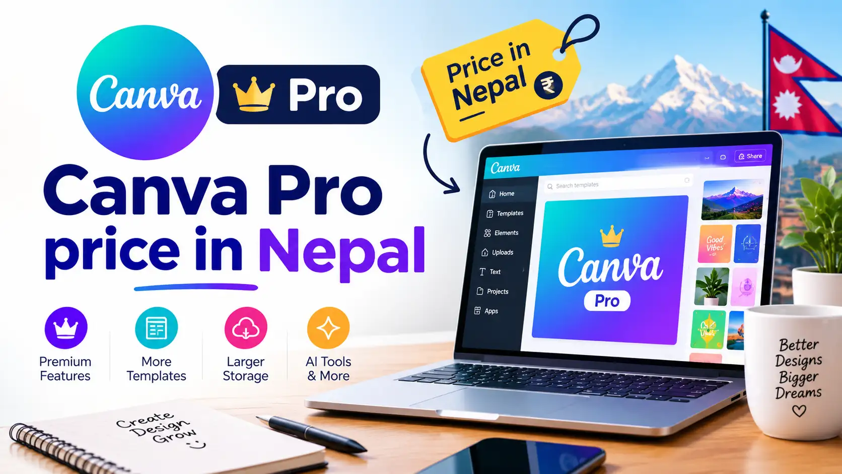 Canva Pro price in Nepal 2026: official yearly and monthly cost in Nepali rupees compared with Canva Free, Business and reseller deals