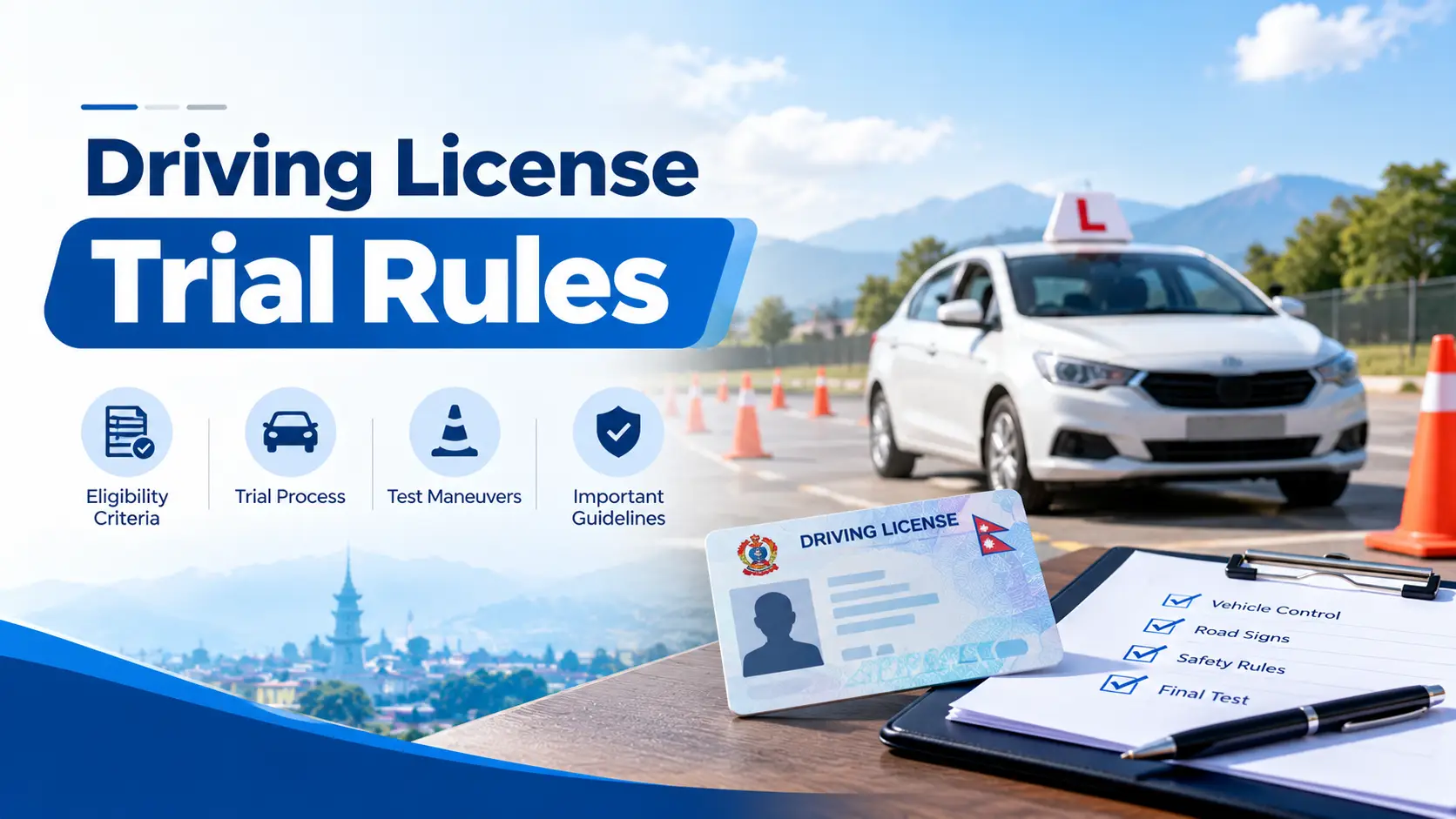 Driving license trial rules in Nepal – 70-mark trial sheet for bike, scooter and car