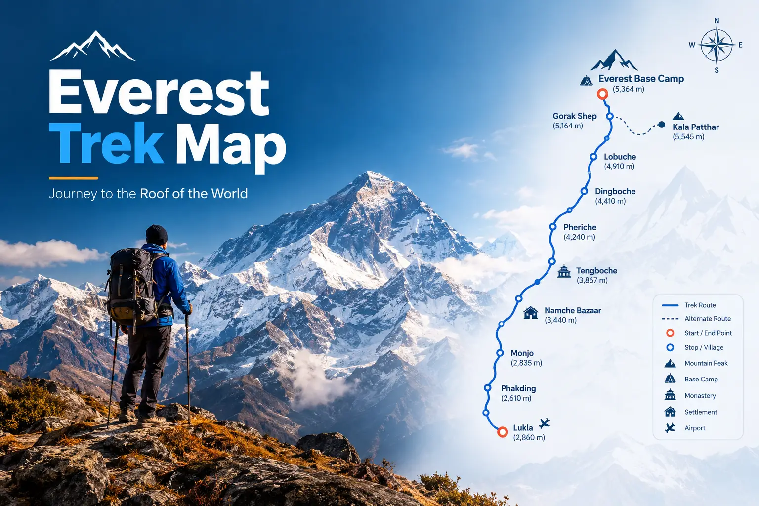 Everest trek map adventure: the trekking trail from Lukla to Everest Base Camp in the Khumbu region of Nepal
