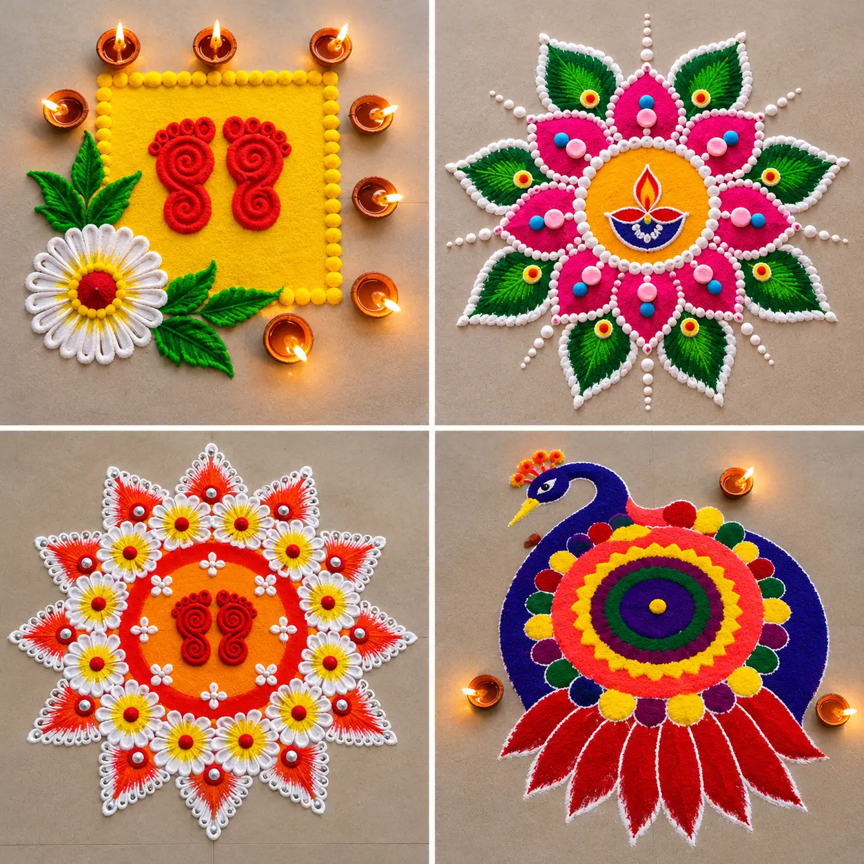 Four festive rangoli designs suitable for Tihar and Diwali