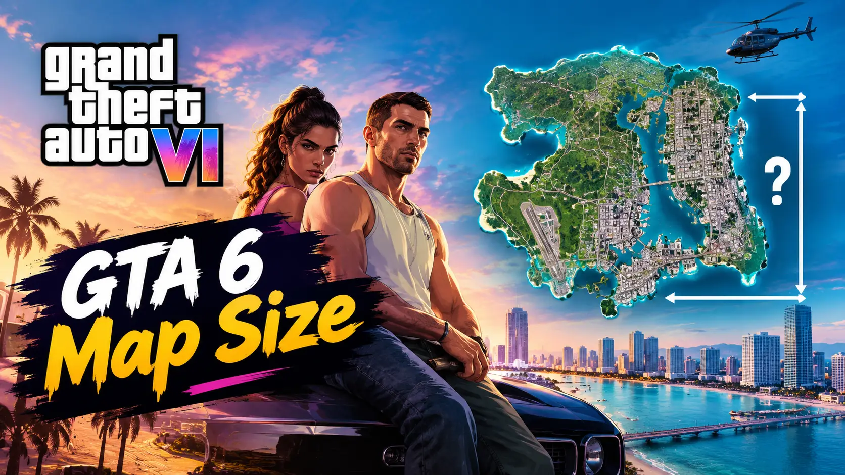 GTA 6 map size - sunset view over Vice City and the state of Leonida