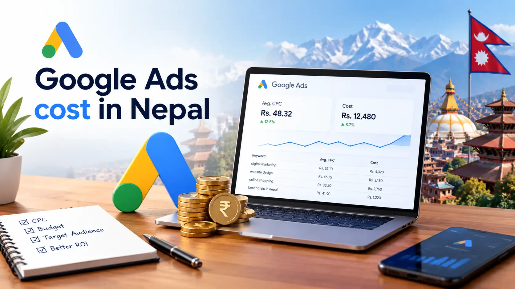 Google Ads costs in Nepal 2026 guide showing cost per click, monthly budget and VAT in Nepali rupees