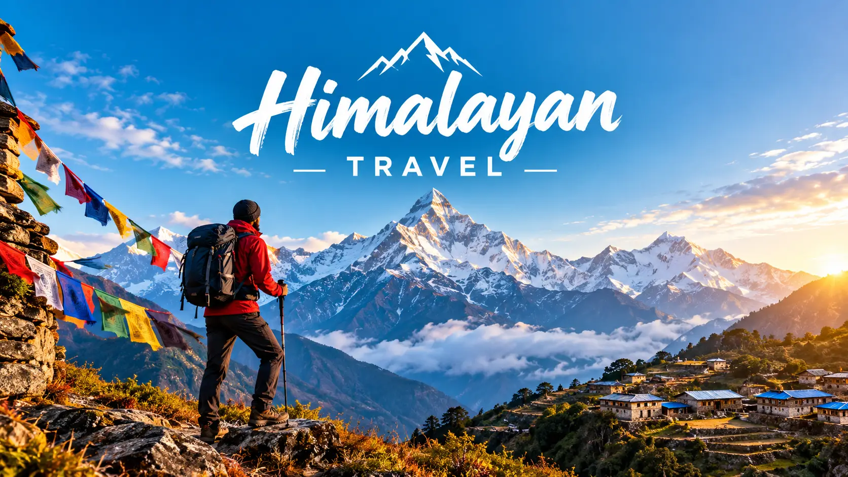 Himalayan travel: snow peaks and prayer flags above a high mountain pass