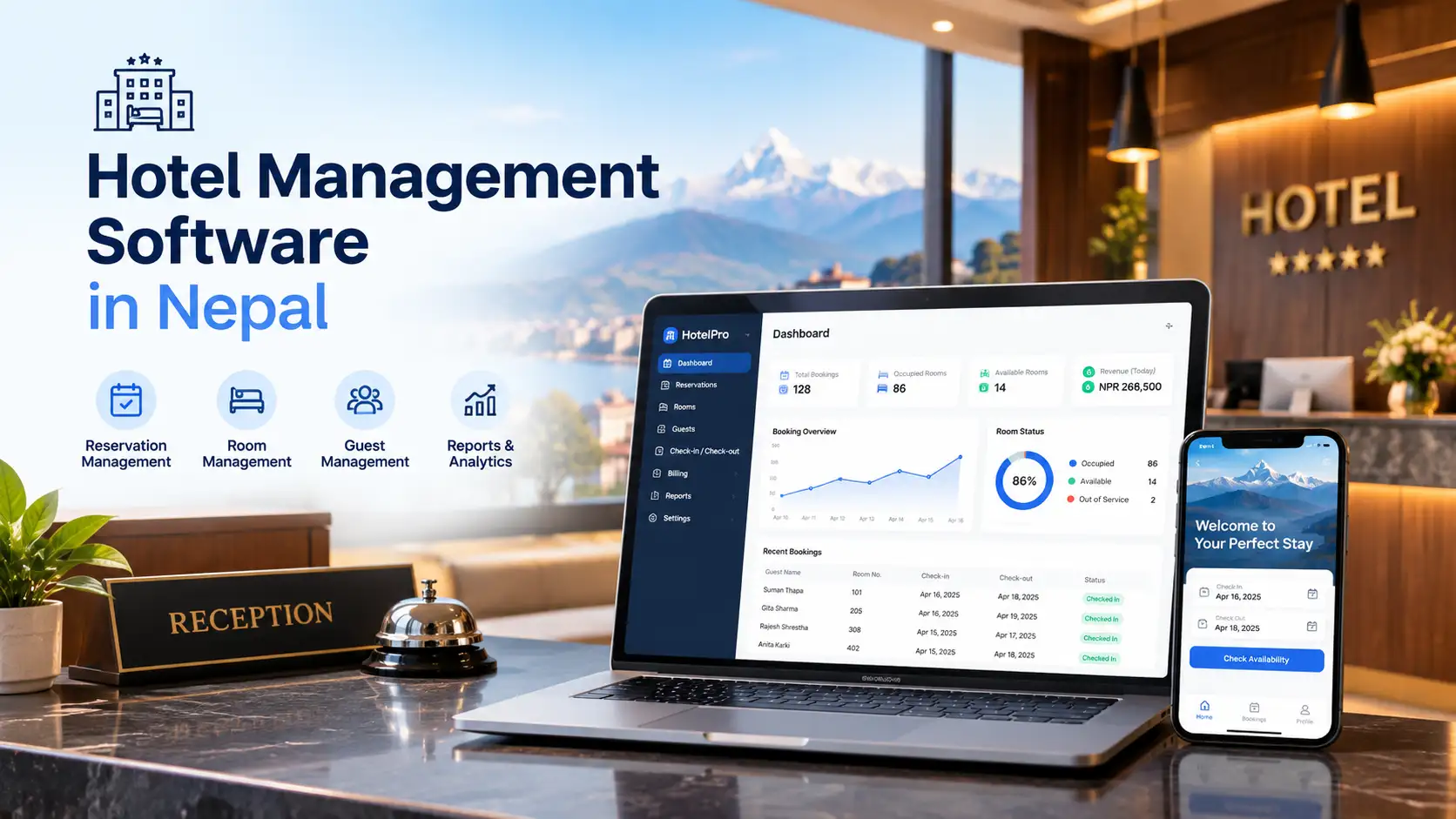 Hotel management software in Nepal: front desk, room booking and IRD billing dashboard