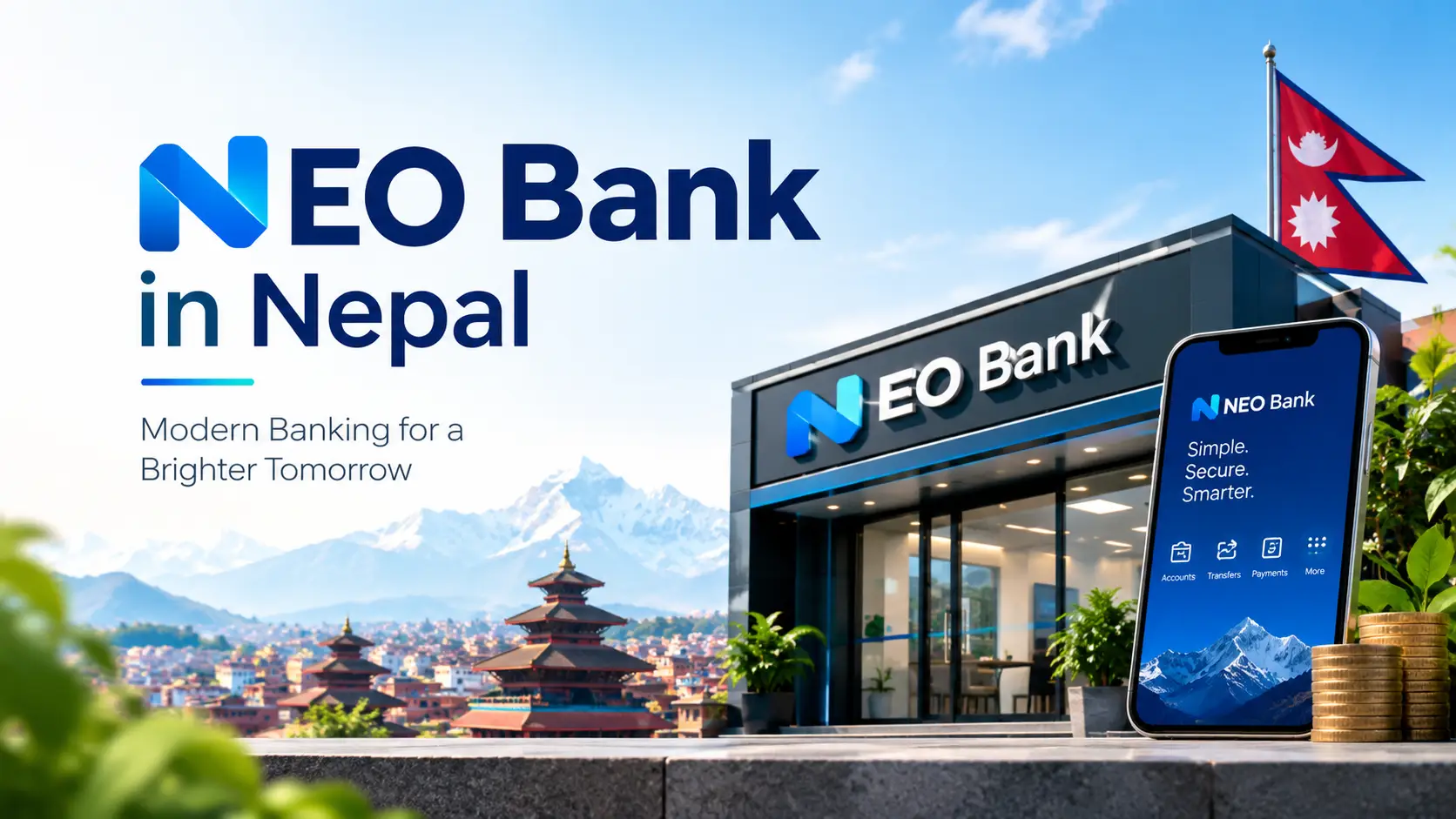 Neo bank in Nepal – a fully digital bank on a mobile phone with the Himalayas in the background