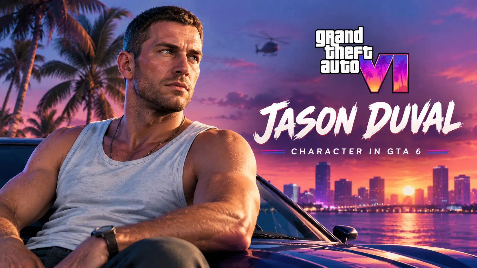Jason Duval Character: Unraveling GTA 6's New Protagonist 1 Jason Duval character in GTA 6 against a neon Vice City sunset
