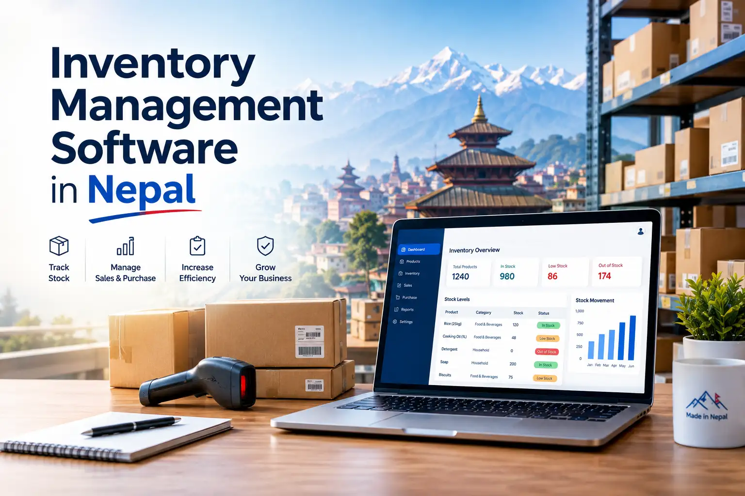 Inventory management software dashboard for a Nepali business showing stock levels, low-stock alerts and godown-wise inventory