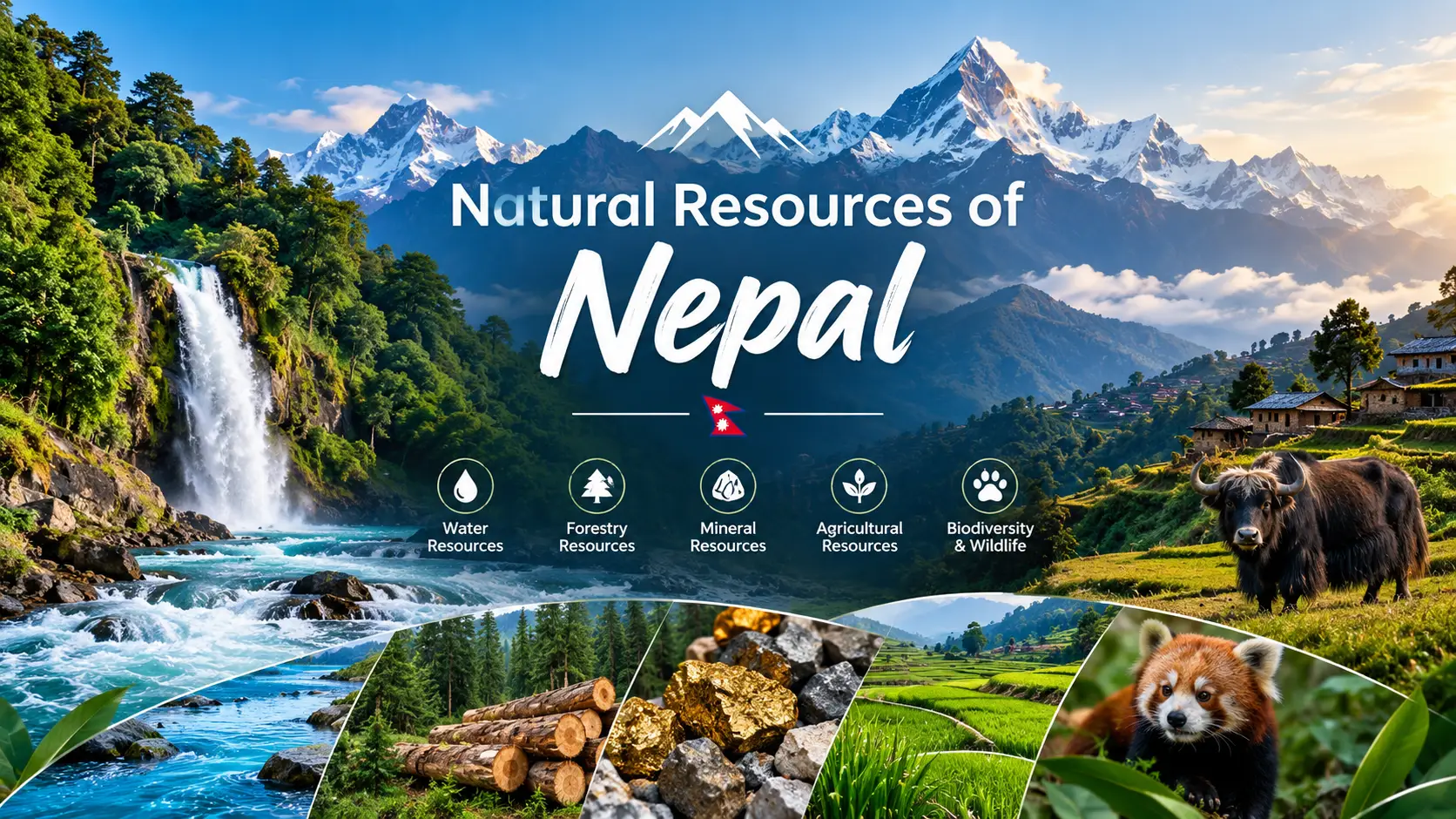 Natural resources of Nepal panorama: Himalayan glaciers, rivers, forests, farmland and mineral-rich hills