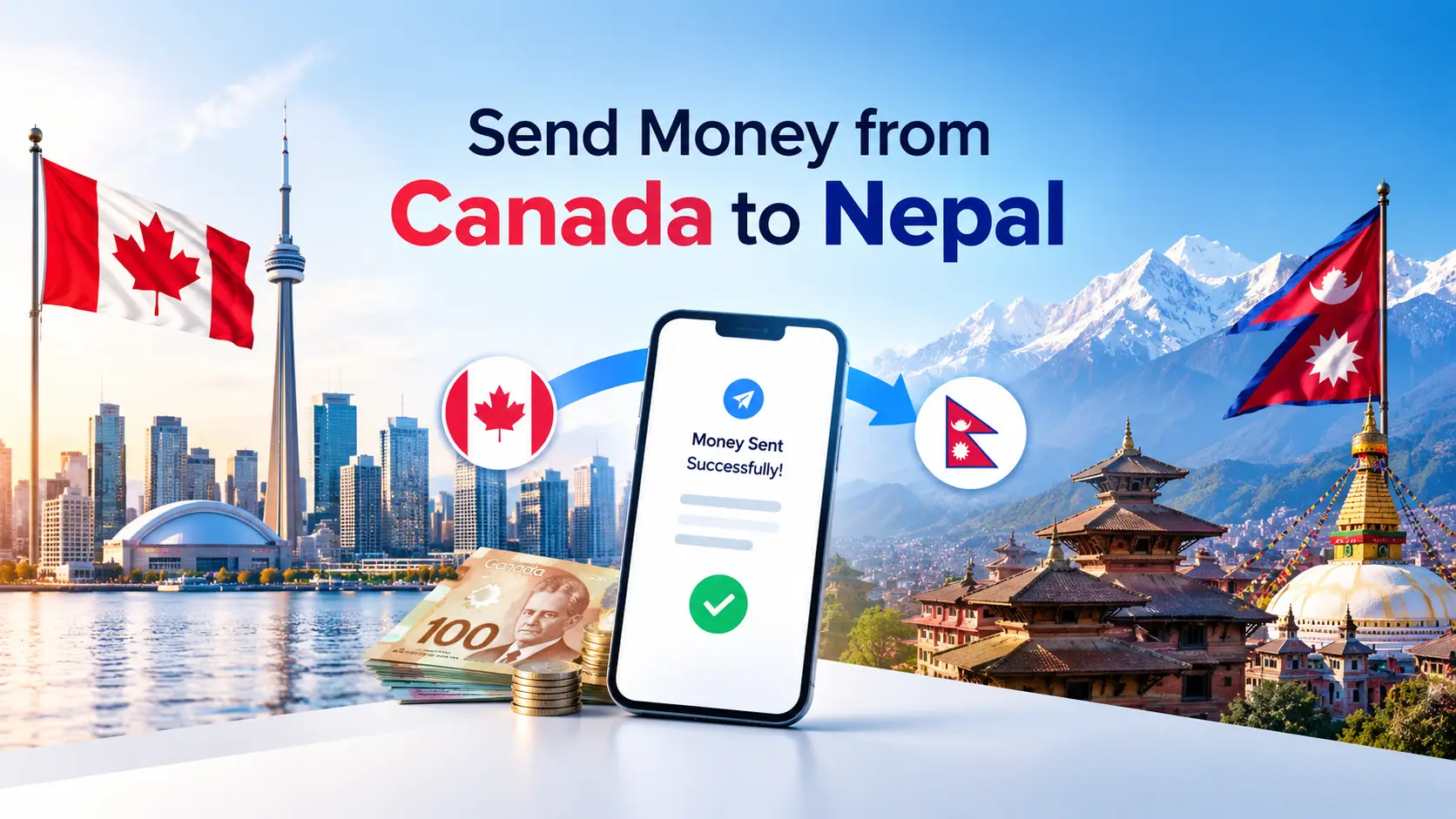 Mobile phone transferring money from Canada to Nepal with Canadian and Nepali flags and currency