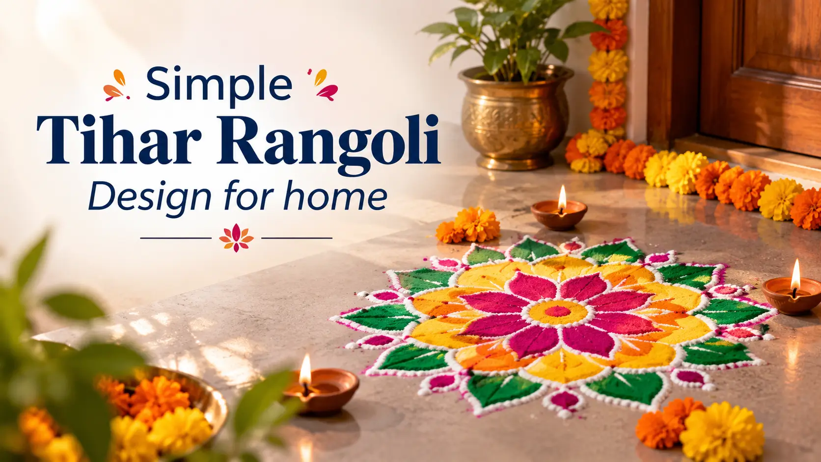 Simple Tihar rangoli design at home with flower petals and diyo at the entrance