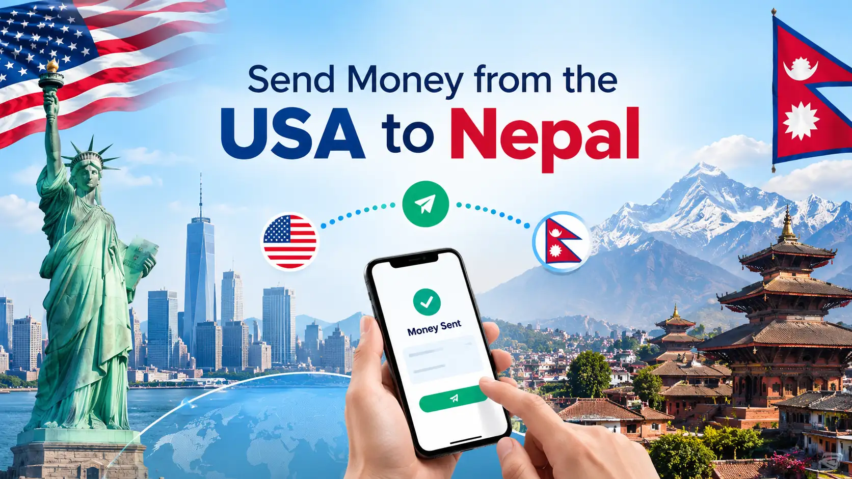 Send money from USA to Nepal guide showing USD to NPR transfer to bank account, wallet and cash pickup