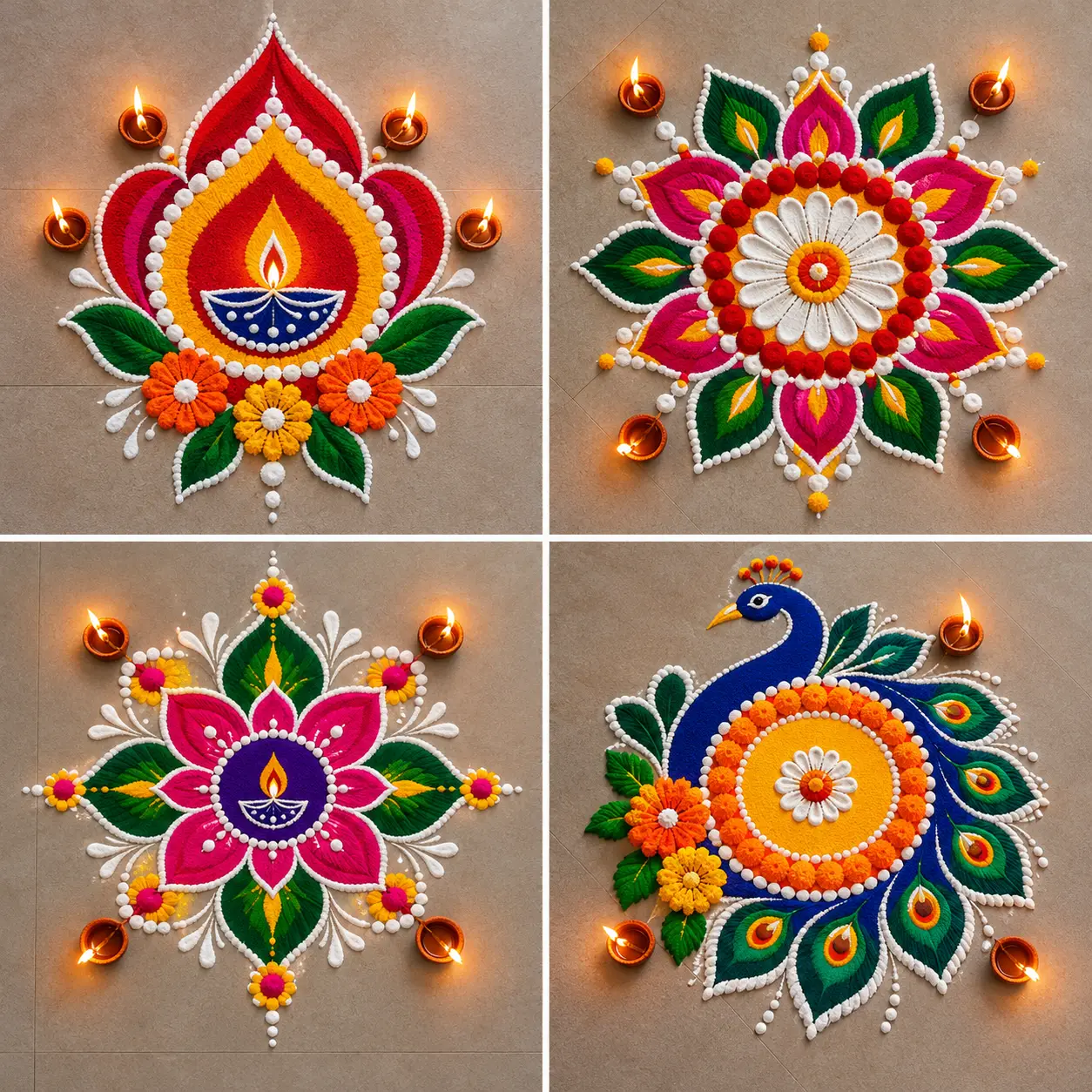 Simple Tihar rangoli for home with colourful patterns